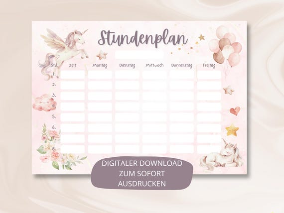 Digitaler Einhorn Stundenplan Mädchen Sofort Download PDF DIN A4 zum Ausdrucken Wochenplaner Kinder rosa Pferd Geschenkidee Einschulung
