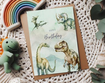 Dino Birthday Card Young Children, Dinosaur Greeting Card A6 T-Rex Motif Watercolor, Cool Folding Card Children's Birthday