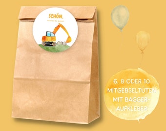 Bagger Mitgebseltüten mit Aufkleber - Bagger Gastgeschenk Tüte für Baustellen Kindergeburtstag