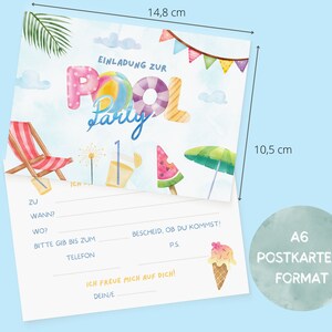 May include: A colorful invitation card for a pool party. The card features a watercolor illustration of a pool float, a beach chair, a watermelon, a glass of lemonade, and a beach umbrella. The text on the card reads "Einladung zur Pool Party". The card is 10.5 cm by 14.8 cm and is in A6 postcard format.