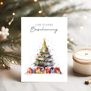 Weihnachtskarte Weihnachtsbaum Schöne Bescherung Aquarell, Skandi Grußkarte Christbaum nostalgisch, Boho Klappkarte Weihnachtspost Geschenke