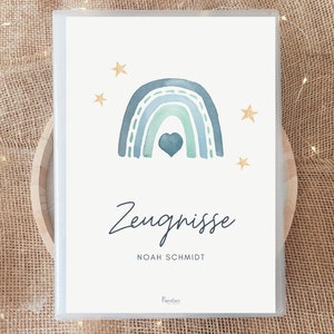 Personalisierte Zeugnismappe Blauer Regenbogen mit Name, Boho Geschenk Einschulung Junge, A4 Dokumentenmappe Schulkind Aquarell Schulanfang