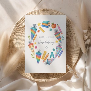 Einschulungskarte Mädchen floral, Glückwunschkarte zum Schulanfang mit Schultüten, Geschenk Einschulung bunte Zuckertüten Aquarell Grußkarte