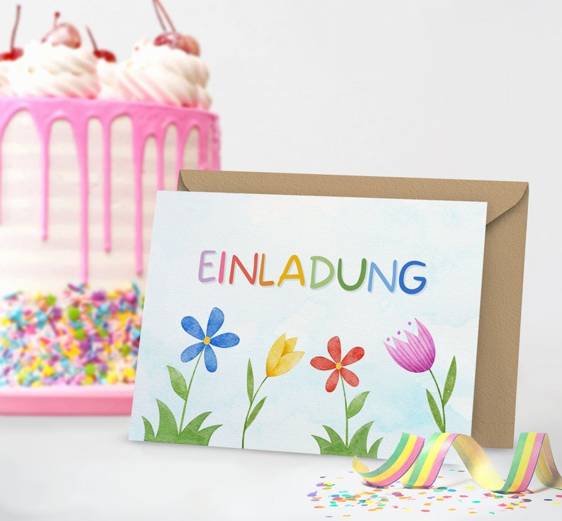 May include: A colorful invitation card with the word "EINLADUNG" in rainbow letters and a watercolor illustration of flowers. The card is on a brown envelope.