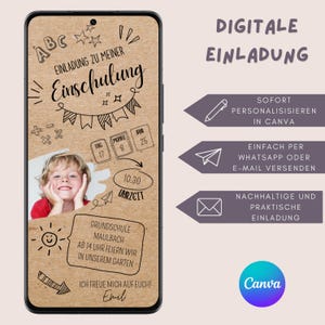 Invitation numérique inscription scolaire fille, carte d'invitation personnalisable rentrée scolaire garçon premier jour d'école invitation modèle Canva doodle