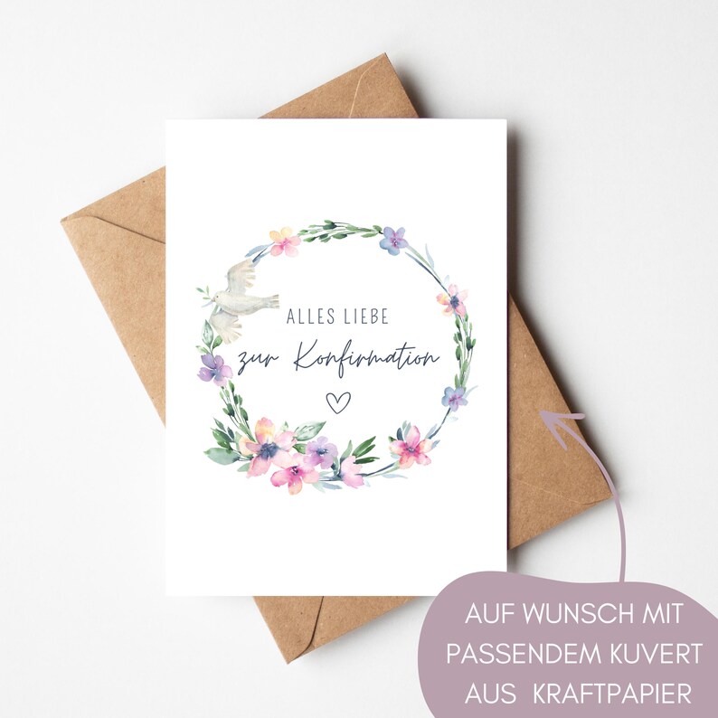 Konfirmationskarte Mädchen floral, Glückwunschkarte zur Konfirmation mit Blumen, Geschenk Konfirmation Friedenstaube, Aquarell Grußkarte