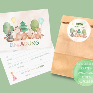 Herbstliches Waldtiere Einladungskarten und Gastgeschenktüten Set für Wald Kindergeburtstag