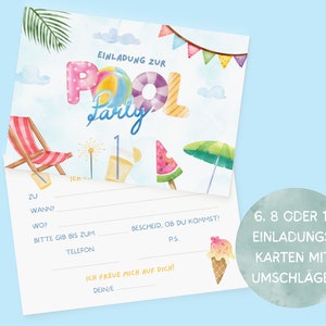 Pool party invitation cards set to fill out garden party invitation including envelopes for summer children's birthday
