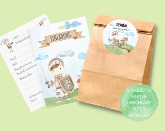 Ritter Einladungskarten und Gastgeschenktüten Set für Ritter oder Mittelalter Kindergeburtstag