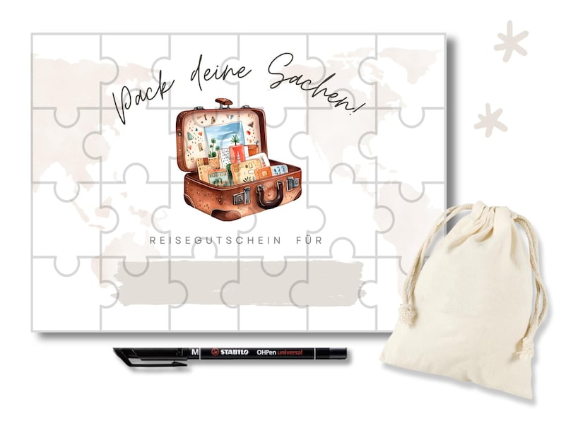 Puzzle Reise Gutschein Überraschung Mann individuell, kreative Rätsel Geschenkidee Reiseliebhaber personalisierbarer zum Selbstausfüllen