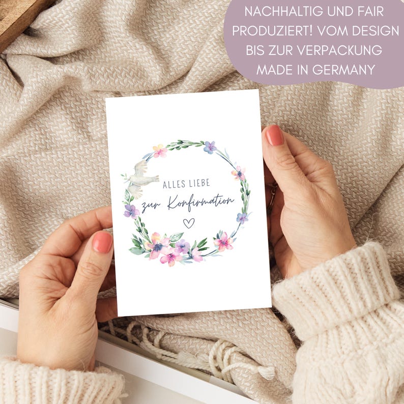 Konfirmationskarte Mädchen floral, Glückwunschkarte zur Konfirmation mit Blumen, Geschenk Konfirmation Friedenstaube, Aquarell Grußkarte