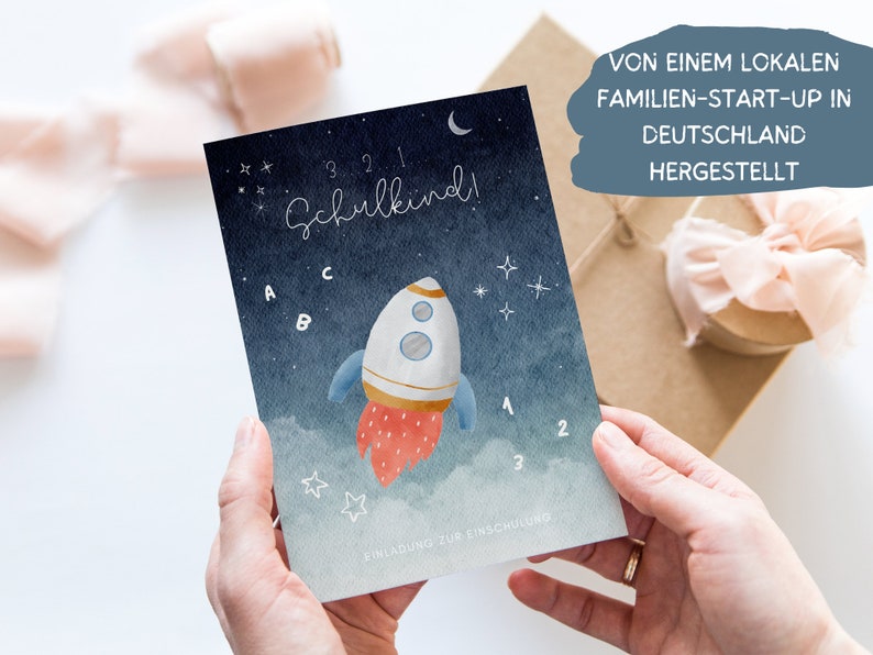 Rakete Einladungskarte Einschulung Junge, Weltraum Einladung Set zum Ausfüllen, Astro Countdown Einschulungseinladung Schulanfang Schulkind