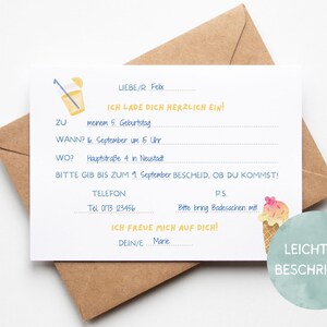 May include: A light blue and white card with a lemonade illustration and a handwritten invitation to a birthday party. The card includes the text "LIEBE/R Felix, ICH LADE DICH HERZLICH EIN!" and details about the party, including the date, time, location, and RSVP information. The card also includes the text "LEICHT ZU BESCHRIFTEN".