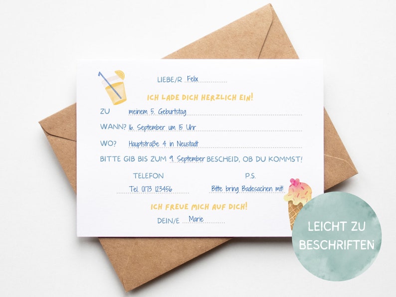 May include: A light blue and white card with a lemonade illustration and a handwritten invitation to a birthday party. The card includes the text "LIEBE/R Felix, ICH LADE DICH HERZLICH EIN!" and details about the party, including the date, time, location, and RSVP information. The card also includes the text "LEICHT ZU BESCHRIFTEN".