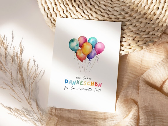 Kita Dankeskarte Erzieherin bunte Ballons A6, Geschenk Abschied Kindergarten Klappkarte, Tagesmutter Dankeschön Grußkarte Abschiedsgeschenk