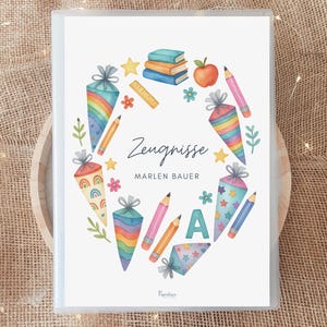 Personalisierte Zeugnismappe Mädchen mit Name, bunte Schultüte Geschenk Einschulung Mädchen, Dokumentenmappe Aquarell Schulanfang Urkunden