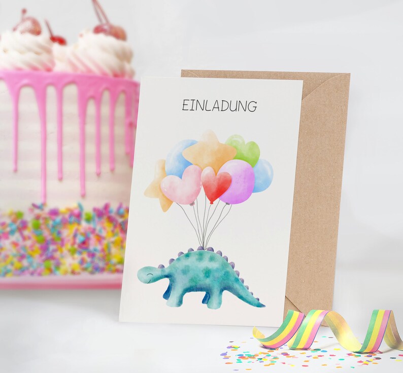 May include: A white card with the word "Einladung" printed in black. A blue dinosaur with a green back is holding onto colorful balloons, including hearts and stars. The card is sitting on a brown envelope.