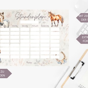 Digitaler Pferde Stundenplan Mädchen Sofort Download PDF DIN A4 zum Ausdrucken Wochenplaner Schulkind Pferdefan Geschenk Einschulung Boho
