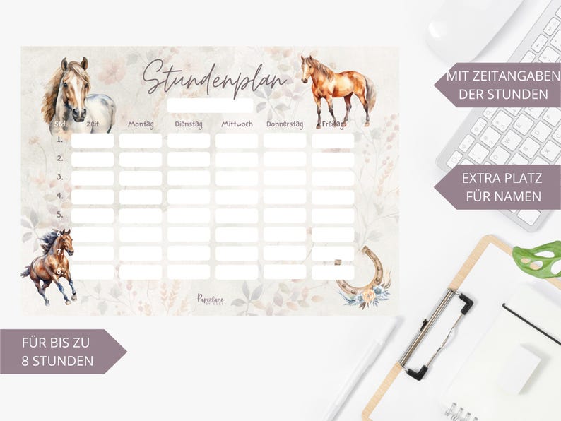 Digitaler Pferde Stundenplan Mädchen Sofort Download PDF DIN A4 zum Ausdrucken Wochenplaner Schulkind Pferdefan Geschenk Einschulung Boho