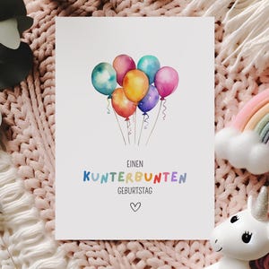 Bunte Ballons Geburtstagskarte Kinder, farbenfrohe Glückwunschkarte DIN A6 Mädchen Jungen, Grußkarte Luftballons Aquarell Kindergeburtstag