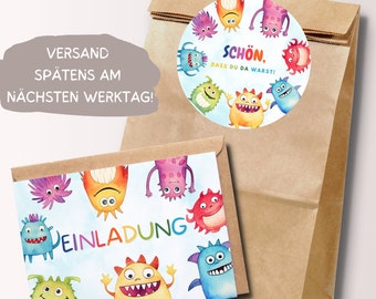 Bunte Monster Einladungskarten Gastgeschenktüten Geburtstagsset Halloween Monster Party Einladungen Kindergeburtstag, inkl.  Umschläge