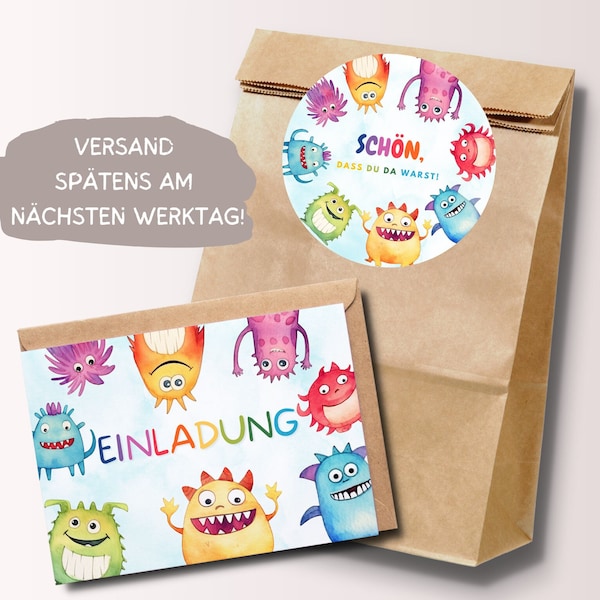 Bunte Monster Einladungskarten Gastgeschenktüten Geburtstagsset Halloween Monster Party Einladungen Kindergeburtstag, inkl.  Umschläge