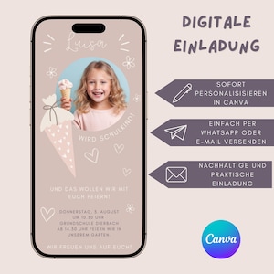 Invitation numérique pour les filles qui commencent l'école, carte d'invitation personnalisée pour les filles qui commencent l'école rose, modèle Canva d'invitation premier jour d'école avec photo