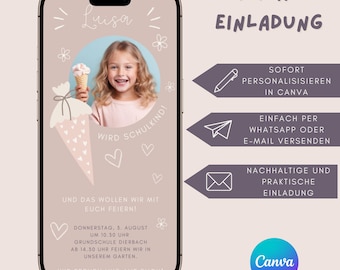 Digital invitation for girls starting school, personalized invitation card for girls starting school pink, first day of school invitation Canva template with photo