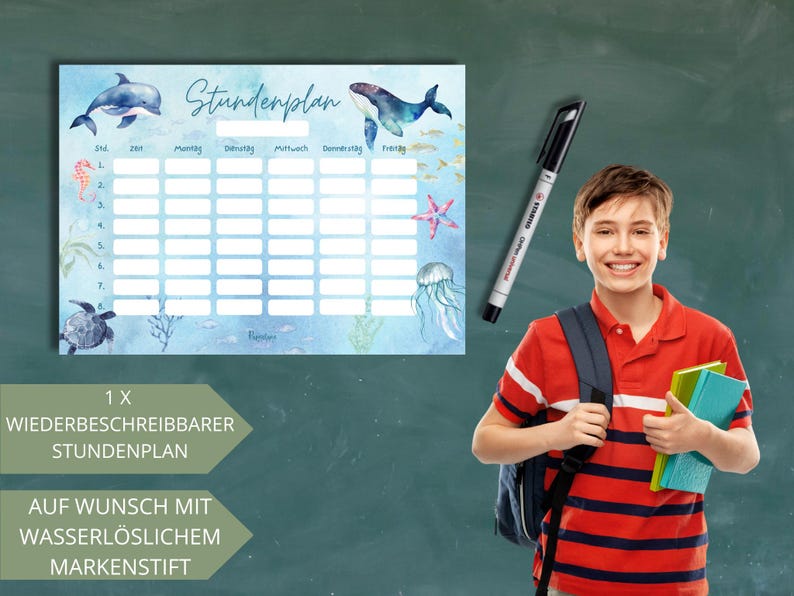 Magnetischer Stundenplan Unterwasserwelt Mädchen, A4 abwischbarer wieder verwendbarer Wochenplan Schule Junge, Geschenkidee Einschulung Meer