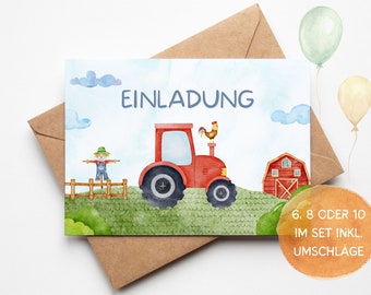 Traktor Einladungskarten - Bauernhof Einladungskarten Set zum Ausfüllen inkl. Umschläge - Bauernhof Kindergeburtstag - Mottoparty Trecker