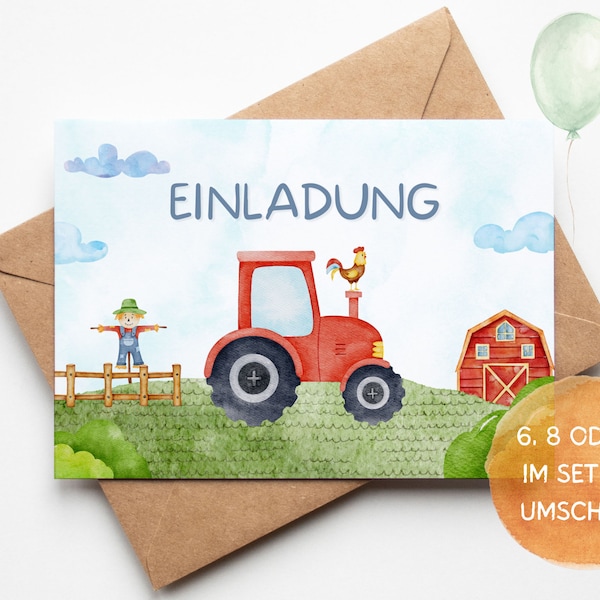 Traktor Einladungskarten - Bauernhof Einladungskarten Set zum Ausfüllen inkl. Umschläge - Bauernhof Kindergeburtstag - Mottoparty Trecker