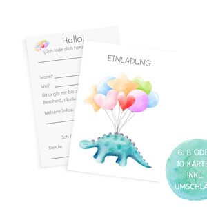 May include: A printable invitation card with a blue dinosaur holding colorful balloons. The text on the card says "Hallo! Ich lade dich herz" and "EINLADUNG".