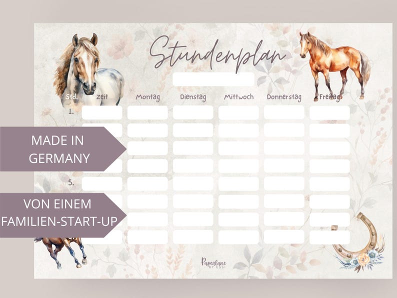 Digitaler Pferde Stundenplan Mädchen Sofort Download PDF DIN A4 zum Ausdrucken Wochenplaner Schulkind Pferdefan Geschenk Einschulung Boho