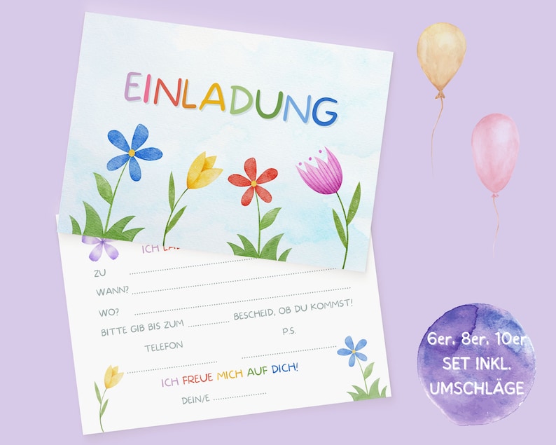 May include: A colorful invitation card with a watercolor background featuring flowers and the word "EINLADUNG" in rainbow letters. The card has fill-in-the-blank sections for details such as the date, time, and location of the event. The card also includes the text "Ger. 8er. 10er SET INKL. UMSCHL&Auml;GE".