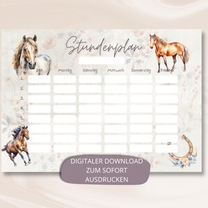 Digitaler Pferde Stundenplan Mädchen Sofort Download PDF DIN A4 zum Ausdrucken Wochenplaner Schulkind Pferdefan Geschenk Einschulung Boho