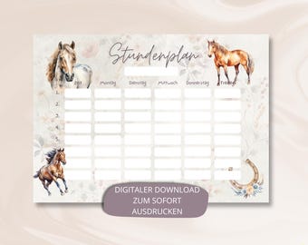 Digital Horse Timetable Girls Instant Download PDF DIN A4 to Print Weekly Planner School Child Horse Fan Gift School Enrollment Boho