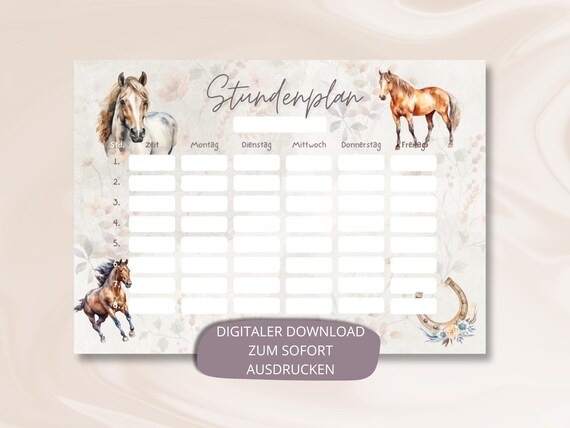 Digitaler Pferde Stundenplan Mädchen Sofort Download PDF DIN A4 zum Ausdrucken Wochenplaner Schulkind Pferdefan Geschenk Einschulung Boho