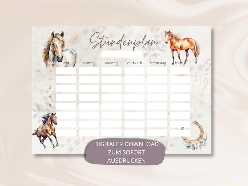Digitaler Pferde Stundenplan Mädchen Sofort Download PDF DIN A4 zum Ausdrucken Wochenplaner Schulkind Pferdefan Geschenk Einschulung Boho