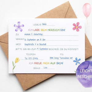 May include: A birthday party invitation with a purple flower, a pink flower, and yellow flowers. The invitation says "Ich lade dich herzlich ein!" which means "I invite you warmly!" in German. The invitation also includes details about the party, such as the date, time, and location.