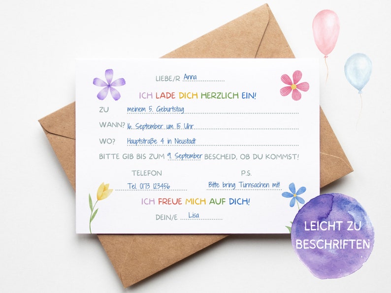 May include: A birthday party invitation with a purple flower, a pink flower, and yellow flowers. The invitation says "Ich lade dich herzlich ein!" which means "I invite you warmly!" in German. The invitation also includes details about the party, such as the date, time, and location.