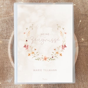 Personalisierte Zeugnismappe Pastell Wildblumen mit Name, Rosa Blumen Geschenk Einschulung Mädchen, Dokumentenmappe Aquarell Schulanfang
