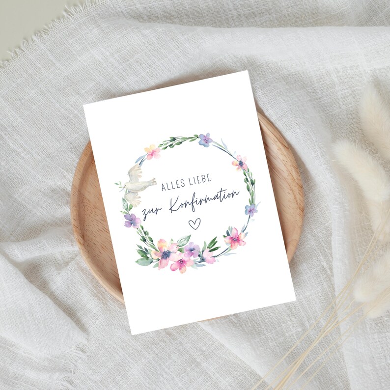 Konfirmationskarte Mädchen floral, Glückwunschkarte zur Konfirmation mit Blumen, Geschenk Konfirmation Friedenstaube, Aquarell Grußkarte