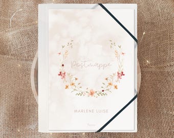 Carpeta postal personalizada corona de flores con nombre, flores rosas regalo matricula escolar niña, carpeta documentos floral acuarela vuelta al cole