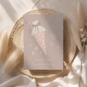 Einladungskarte Einschulung Mädchen Schultüte, Zuckertüte Einladung Schulstart zum Ausfüllen, Rosa Boho Einschulungseinladung Schulanfang