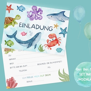 Unterwasser Einladungskarten Set zum Ausfüllen inkl. Umschläge für Hai Kindergeburtstag oder Meerjungfrauen Party
