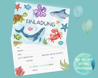 Unterwasser Einladungskarten Set zum Ausfüllen inkl. Umschläge für Hai Kindergeburtstag oder Meerjungfrauen Party