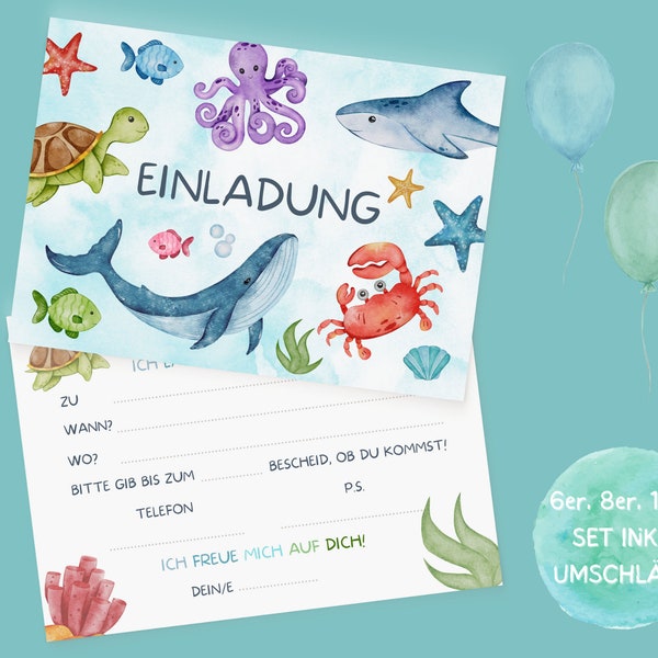 Unterwasser Einladungskarten Set zum Ausfüllen inkl. Umschläge für Hai Kindergeburtstag oder Meerjungfrauen Party