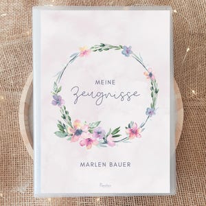 Personalisierte Zeugnismappe Pastell Wildblumen mit Name, Rosa Blumen Geschenk Einschulung Mädchen, Dokumentenmappe Aquarell Schulanfang