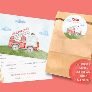 Feuerwehr Einladungskarten und Gastgeschenktüten Set für Feuerwehr Kindergeburtstag