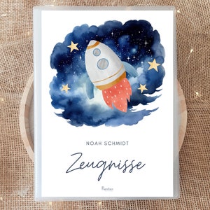 Personalisierte Zeugnismappe Rakete mit Name, Weltraum Geschenk Einschulung Junge, Dokumentenmappe Astronaut, Geschenkidee Schulkind